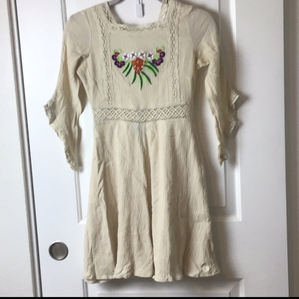 Chasing Unicorns Cream Mini Dress with Floral Embroidery